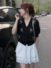 法式小香风刺绣黑色针织短袖女2024夏季独特高级感泡泡袖上衣