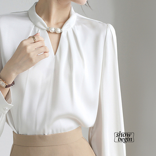 白色法式立领串珠雪纺衬衫，女长袖设计感上衣春秋气质职业通勤衬衣