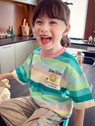 韩国女童t恤夏装2024儿童洋气，撞色条纹纯棉短袖上衣儿童t恤潮