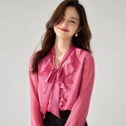 24春法式浪漫减龄粉色荷叶领飘带长袖衬衫优雅通勤雪纺上衣