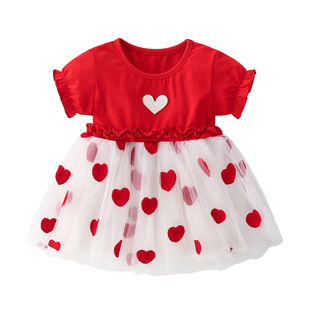 2024年夏季女宝宝1-3岁红色爱心纱裙 婴幼儿棉质短袖连衣裙