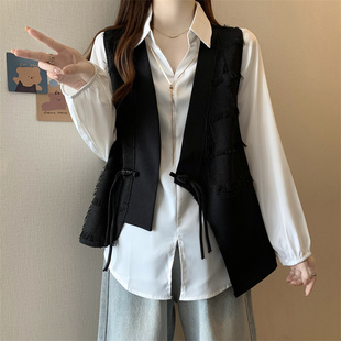 大码时尚套装女秋季新中式国风设计盘扣，背心马甲+长袖衬衣两件套