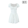 法式方领蕾丝花边拼接系带连衣裙短袖收腰显瘦白色连衣裙