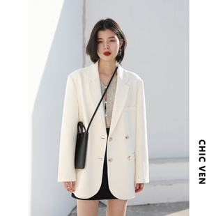 chicven街头休闲宽松白色西装外套，女秋2024设计感小众，气质小西服