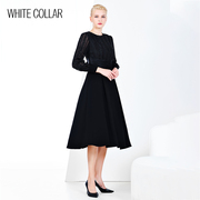 白领黑色蕾丝，车条缝珠下拼净色圆领黑色腰封，长袖连衣裙gny21-301