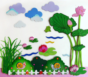 小学校幼儿园环境布置用品，泡沫荷花夏天主题，荷塘青蛙组合墙贴