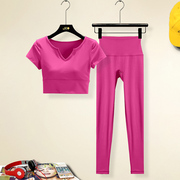 粉色瑜伽服套装女免穿文胸夏季短袖速干仙气高颜值运动跑步健身服