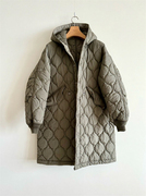 韩国男装k516高品设计师款，波浪绗线尼龙夹棉连帽长款大衣外套