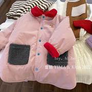 韩系童装女童冬装洋气粉色中长款棉服，儿童加绒外套女宝宝保暖大衣