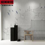 现代新中式线描阁楼雅致意境风客厅沙发，背景墙纸茶室防潮自粘壁纸