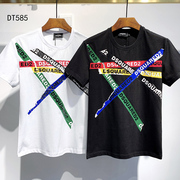 DSQ2短袖T恤男士创意彩色条D2印花米兰时尚潮流纯棉夏天上衣shirt