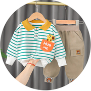 1-2-3-4岁半男童套装5-6-7-8-9个月宝宝纯棉衣服，条纹卡通洋气秋装