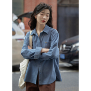 觅定长袖蓝色衬衫外套女设计感小众气质衬衣小个子打底叠穿上衣秋