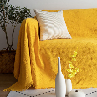 2024高级感沙发盖布毯子直排四人宜家沙发套罩万能黄色皮梳化垫巾