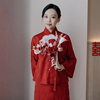 中国风改良旗袍敬酒服2023秋冬长袖订婚套装，红色回门礼服裙女