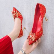 主婚鞋新娘鞋秋季女红色粗跟鞋2021年法式结婚鞋秀禾婚纱两穿