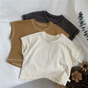 儿童明线宽松蝙蝠袖上衣夏季2024韩版男女童休闲纯色，短袖t恤