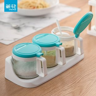 茶花塑料厨房用品欧式调味罐套装送架勺调料盒厨房用品盐罐瓶家用