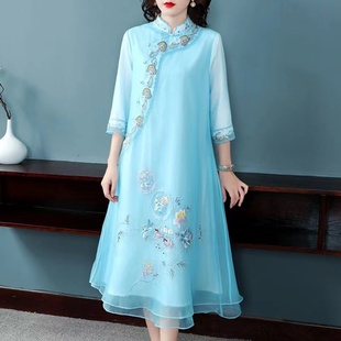新式旗袍改良版连衣裙，女长款气质年轻款宽松复古刺绣中国风女装春