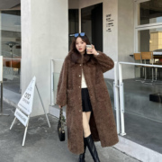 韩版连帽长款过膝羊羔毛外套女冬季时尚百搭加厚保暖毛毛大衣