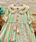 花园绿色软薄棉麻，碎花印花森系连衣裙，夏季短袖宽松大码娃娃领