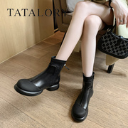 TATA LORY女鞋厚底银色短靴拼色时尚切尔西骑士靴舒适粗跟马丁靴