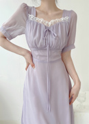 夏季短袖雪纺紫色连衣裙高腰宫廷风少女蕾丝法式温柔香芋中长裙潮