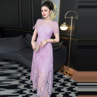夏季高端设计感紫色蕾丝绣花不规则中长裙短袖圆领修身连衣裙