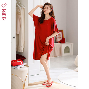 睡裙女睡衣夏季莫代尔短袖，夏天夏款薄款冰丝大码本命年大红色裙子