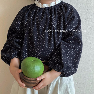 韩系童装女童黑色星星衬衫秋季女宝宝长袖纯棉花边领娃娃衫