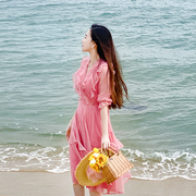 海边渡假沙滩收腰长裙子女春夏仙气超仙仙女荷叶边v领绝美连衣裙