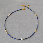 众小设计刻面青金石串珠淡水米粒，小珍珠极细简约气质短款项链