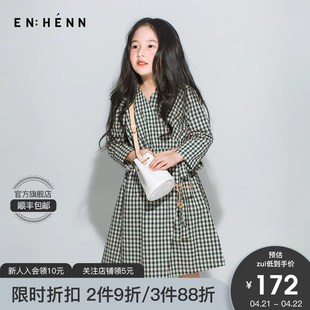 enhenn童装女童黑白格子连衣裙春秋长袖儿童公主裙宝宝裙子