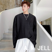 韩国版男装东大门21秋权志龙风，格网红个性纹路，黑色长袖t恤打底衫