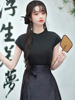 马面裙搭配T恤2024夏季新中式圆领黑色改良汉服上衣日常复古衬衫