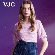 VJC/威杰思2024春夏女装一字圆领针织衫条纹套头短款上衣