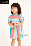 Next英国女童粉色彩虹条纹连衣裙短袖泡泡袖纯棉A31-005