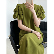 鹿西法式泡泡袖绿色直筒连衣裙夏季女中长款高级感宽松长裙