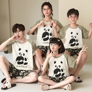 亲子睡衣一家三口装夏季纯棉短袖熊猫母子母女全家庭四口套装薄款
