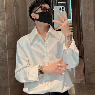 高级感领带垫肩衬衫男垂坠感小众设计感韩版宽松法式白色长袖衬衣