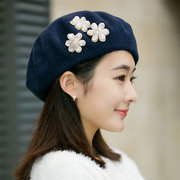 帽子女秋冬天英伦贝雷帽韩版羊毛呢画家日系手缝花朵蓓蕾帽八角帽