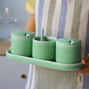 龙泉青瓷陶瓷调味罐三件套 组合装带盖厨房用品中式油盐酱醋瓶子