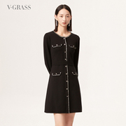 100绵羊毛vgrass小香风，黑白撞色边针织连衣裙冬季时尚