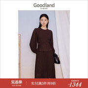 Goodland美地女装2023秋季优雅假两件拼接压褶雪纺针织连衣裙