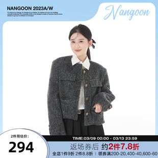 nangoon杂灰色毛呢小香风，短外套秋冬原创设计感保暖设计感上衣女