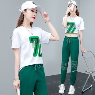 运动套装女夏季时尚洋气2022年时髦薄款短袖休闲服绿色两件套