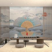 新中式风格壁纸扇子禅意，墙纸茶室卧室床头，客厅电视背景墙壁布墙布