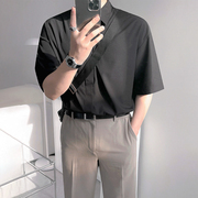 mrcyc黑色短袖衬衫男冰丝，夏季韩版高级感宽松免烫纯色半袖衬衣