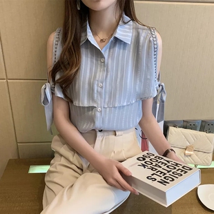 钩花镂空拼接条纹衬衫女设计感小众2021夏季短袖露肩雪纺上衣