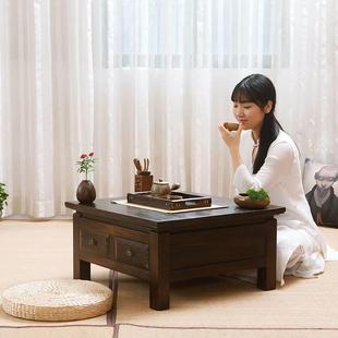 中式家用实木飘窗桌榻榻米矮桌子炕几茶台复古茶室带抽屉四方茶几